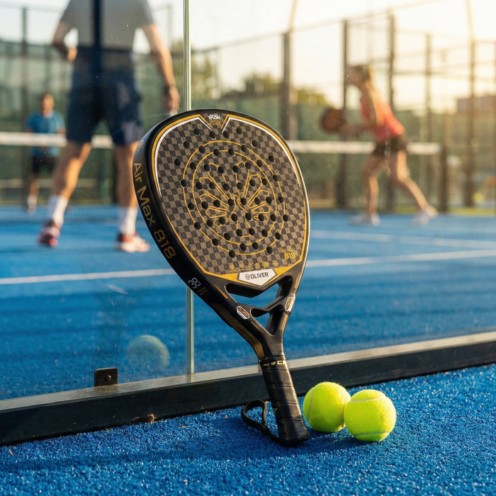 OLIVER-Padelschläger lehnt an der Scheibe eines Padelcourts, auf dem Spieler in Aktion zu sehen sind.