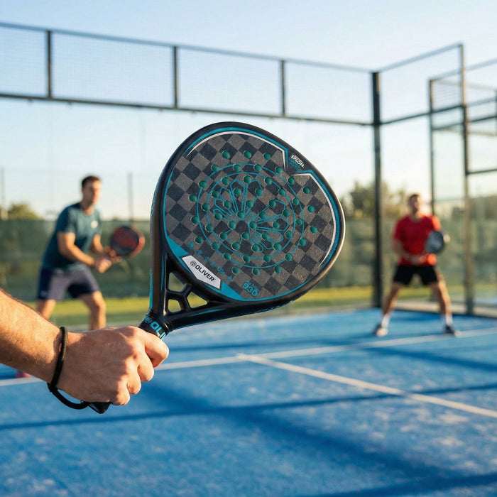 Nahaufnahme einer Hand, die einen schwarz-türkisfarbenen Padel-Schläger von OLIVER mit Rautenmuster auf einem blauen Spielfeld hält. Im Hintergrund zwei Padel-Spieler.