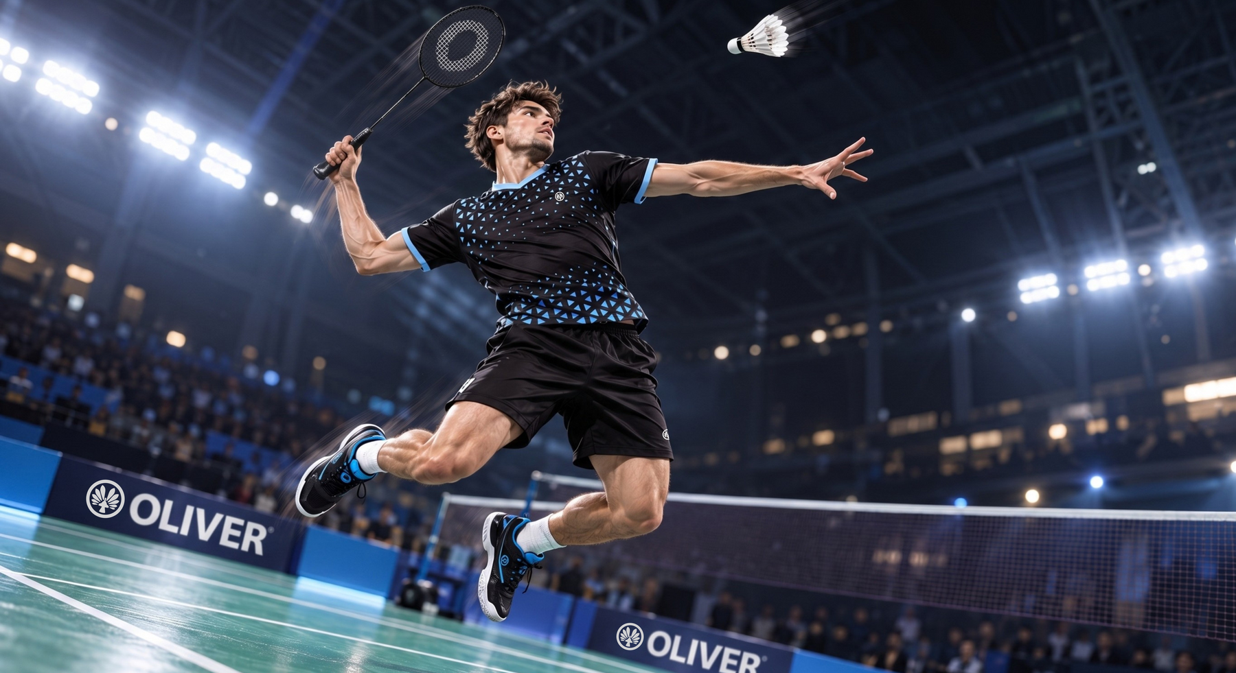 Ein männlicher Badmintonspieler in der Luft bei einem dynamischen Jump-Smash. Er trägt ein schwarzes Trikot mit blauem Muster und holt mit einem OLIVER-Schläger zum Schlag des Federballs aus.