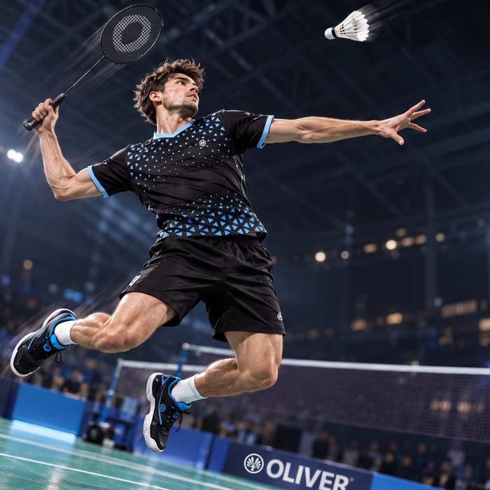 Ein männlicher Badmintonspieler in der Luft bei einem dynamischen Jump-Smash. Er trägt ein schwarzes Trikot mit blauem Muster und holt mit einem OLIVER-Schläger zum Schlag des Federballs aus.
