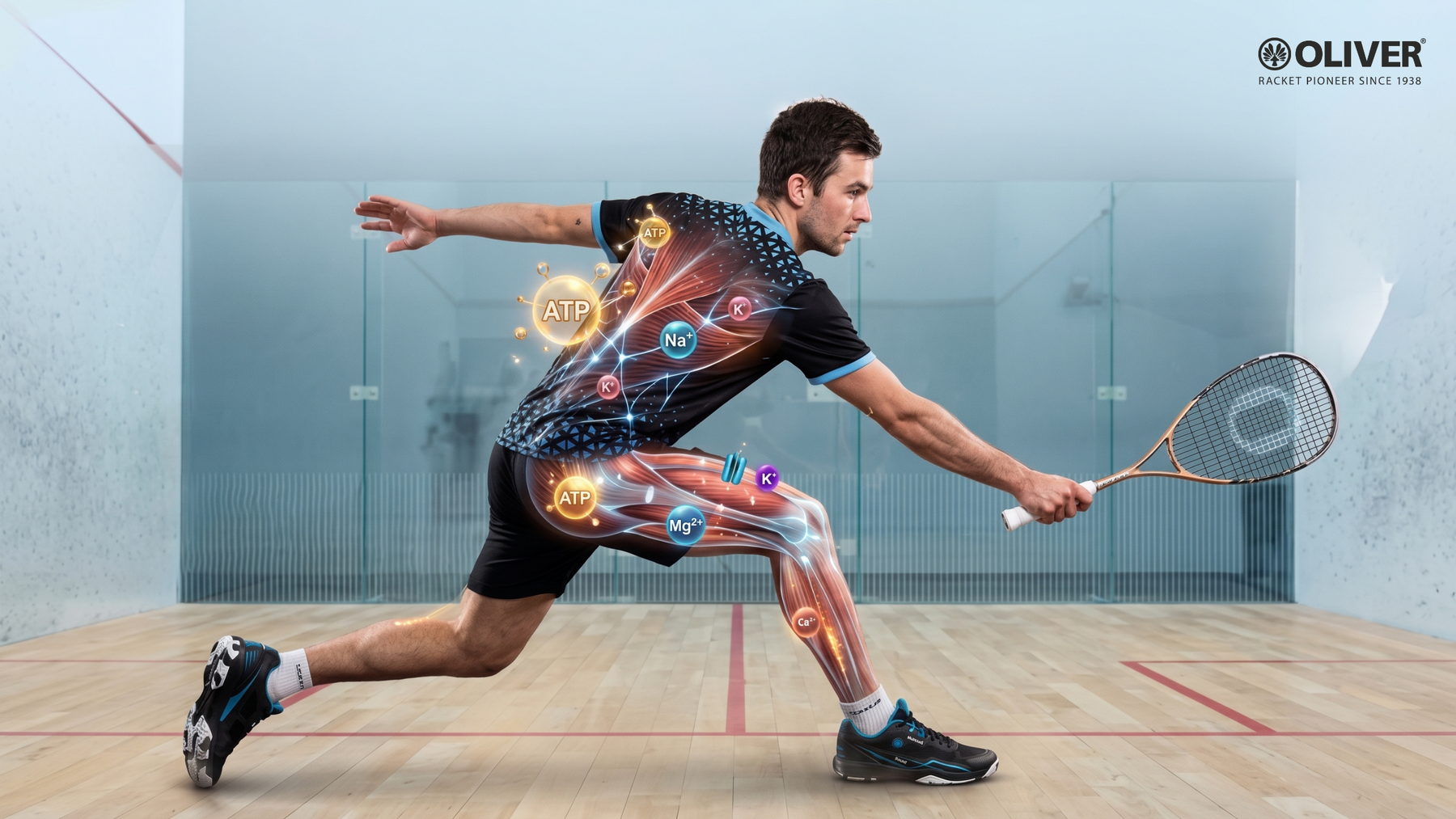 Squashspieler in Aktion. Man sieht ihn auf dem Squashcourt mit dem OLIVER Palermo Trikot und auch eine Andeutung seiner Muskulatur und chemische Bezeichnungen. 