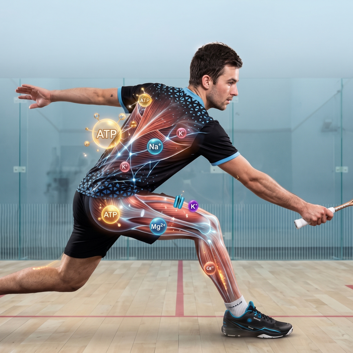 Squashspieler in Aktion. Man sieht ihn auf dem Squashcourt mit dem OLIVER Palermo Trikot und auch eine Andeutung seiner Muskulatur und chemische Bezeichnungen. 