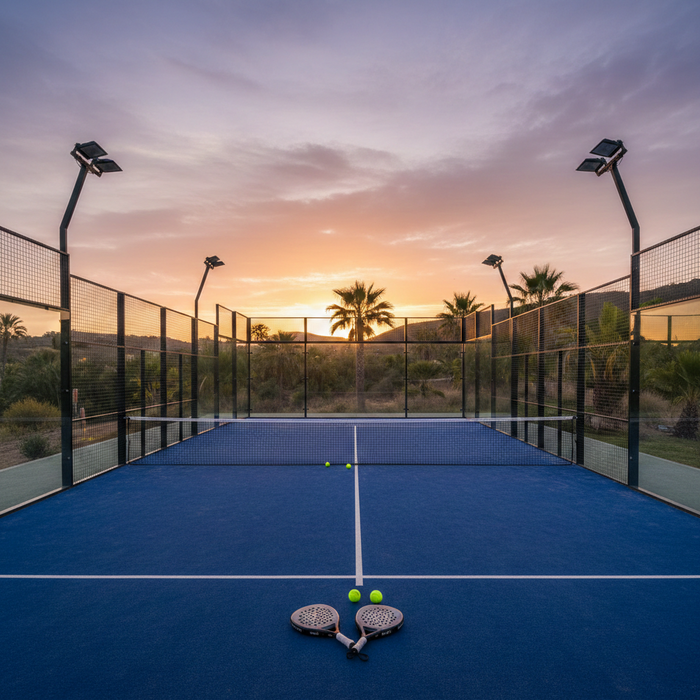 Blauer Outdoor Padel-Court im Sonnenuntergang mit Palmen im Hintergrund. Spielbereit auf dem Court zwei Padelschläger und zwei Padelbälle.