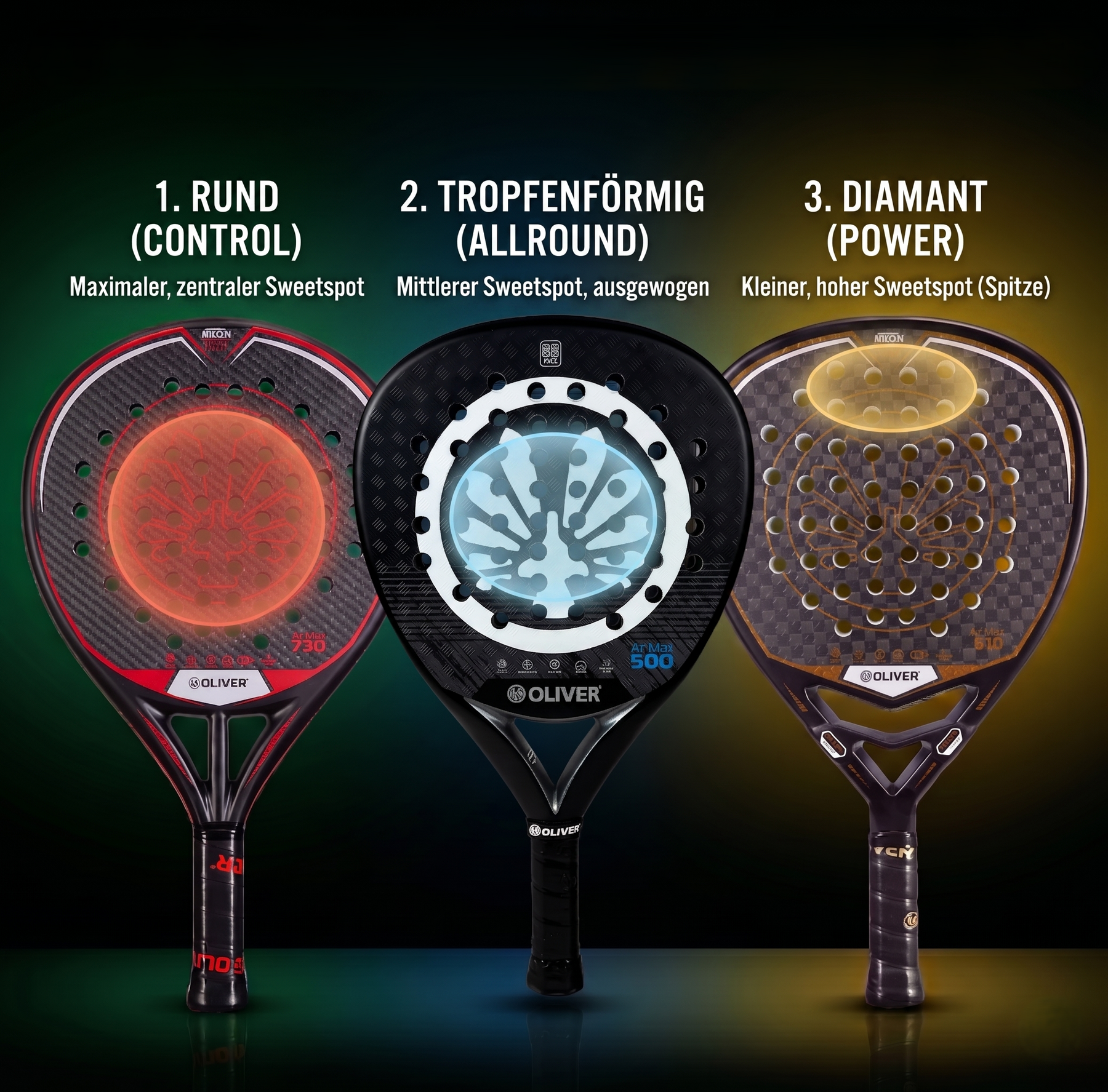3 OLIVER-Padelschläger, auf denen man den Sweetspot erkennen kann. 