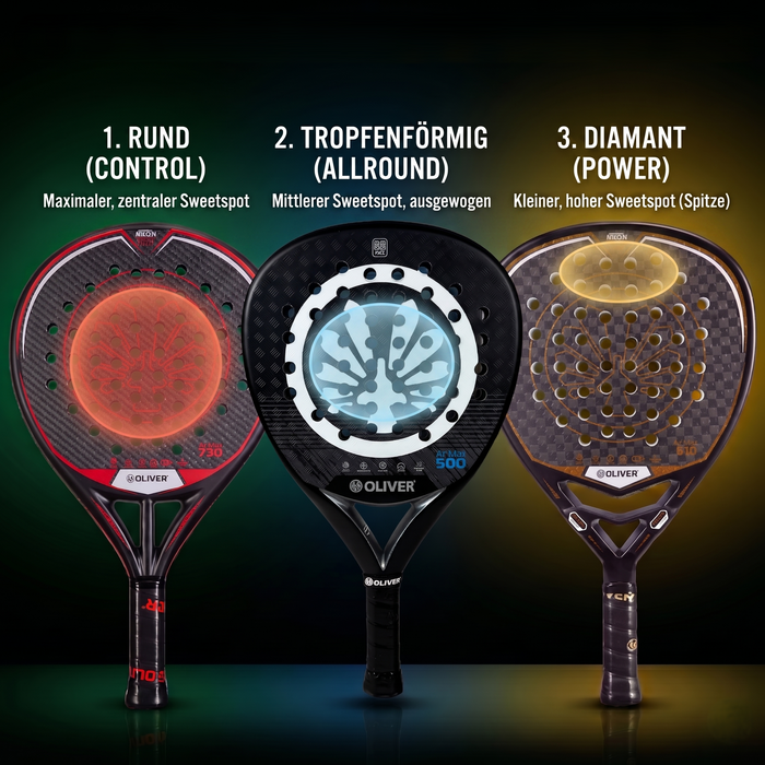 3 OLIVER-Padelschläger, auf denen man den Sweetspot erkennen kann. 