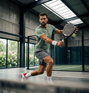 OLIVER-Padelspieler mit OLIVER Schläger in der Padelhalle in Aktion.