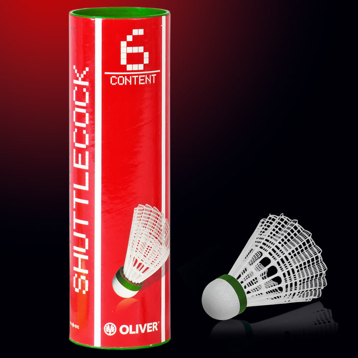 OLIVER Pro-Tec 5 Badminton Bälle in weißem Nylon mit grünem Band für langsameres Spiel, 6 Stück, in roter Verpackung