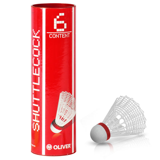 OLIVER Pro-Tec 5 Badminton Bälle in weißem Nylon mit rotem Band für schnelle Geschwindigkeit, 6 Stück, in roter Verpackung