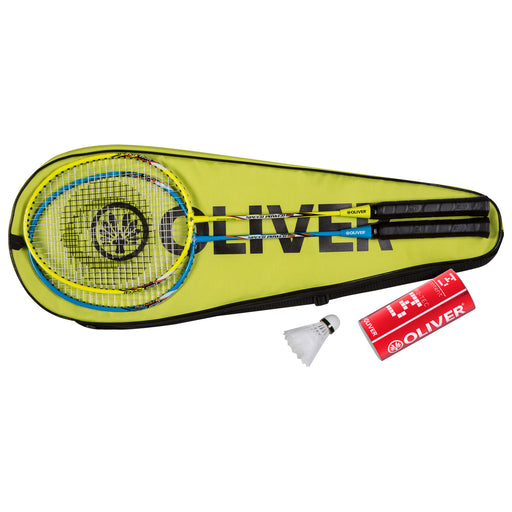 Oliver Badmintonschläger Set Speedpower 850 mit zwei Schlägern, Federball und Tragetasche auf dunklem blauen Hintergrund