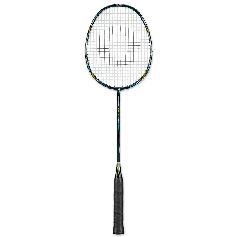 Oliver Badmintonschläger Modell Centric 80, schwarz-blauer Schläger mit schwarzem Griff vor einem weißen Hintergrund