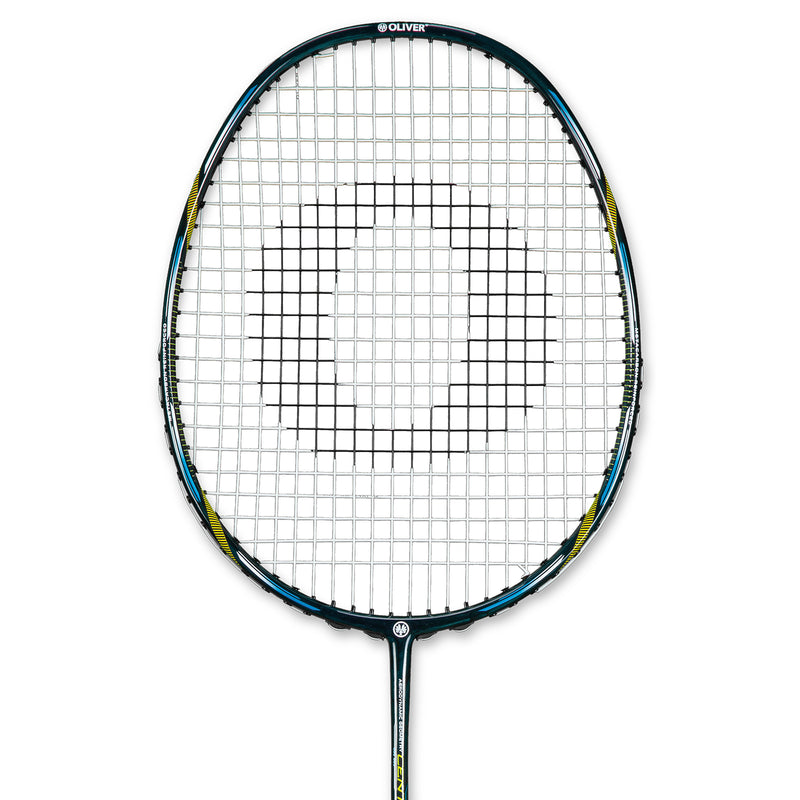 Oliver Badmintonschläger Modell Centric 80, schwarz-blauer Schläger vor einem weißen Hintergrund