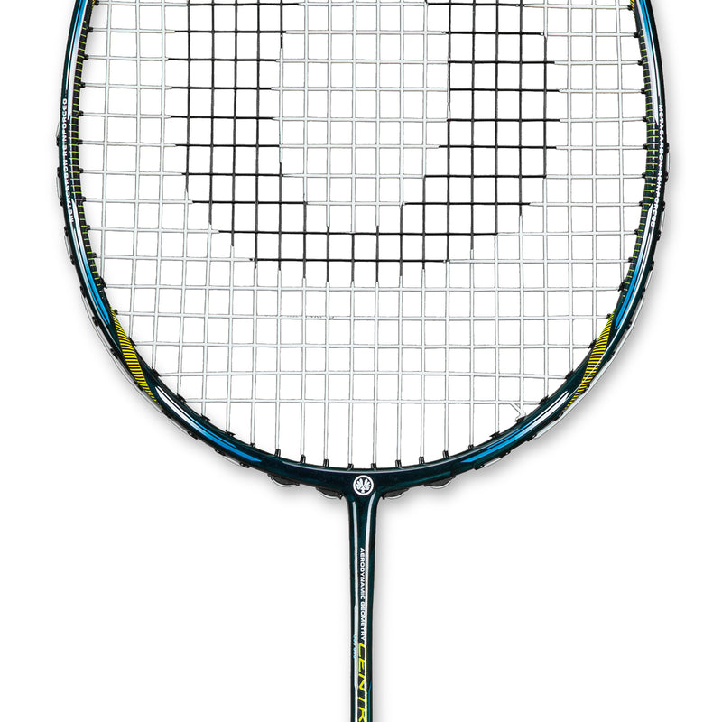 Oliver Badmintonschläger Modell Centric 80, schwarz-blauer Schläger vor einem weißen Hintergrund