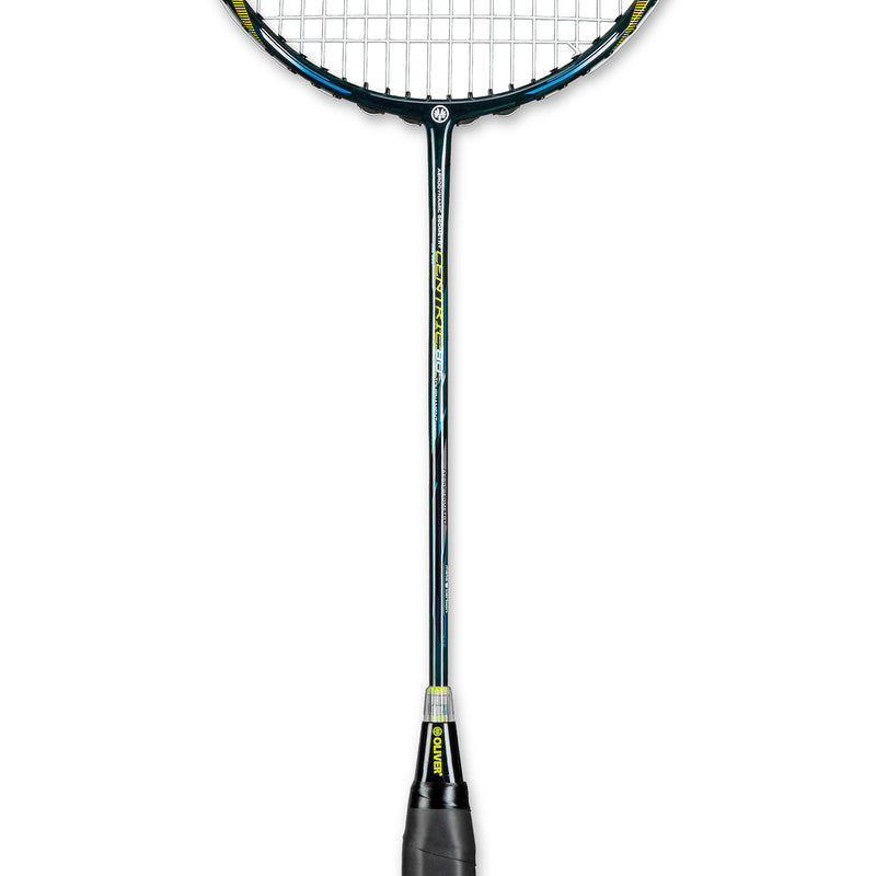 Oliver Badmintonschläger Modell Centric 80, schwarz-blauer Schläger mit schwarzem Griff vor einem weißen Hintergrund