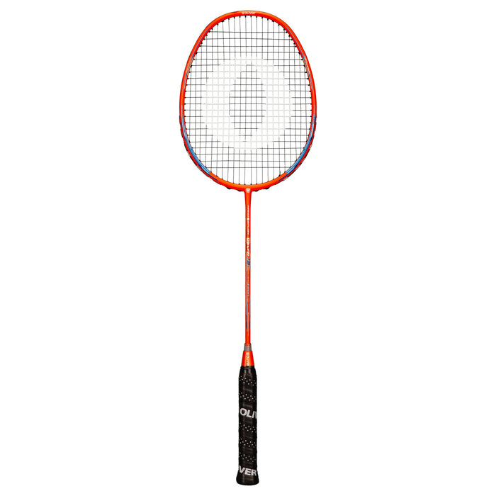 OLIVER Badmintonschläger Modell Delta 12, orangener Badmintonschläger mit schwarzem Griffband vor einem weißen Hintergrund