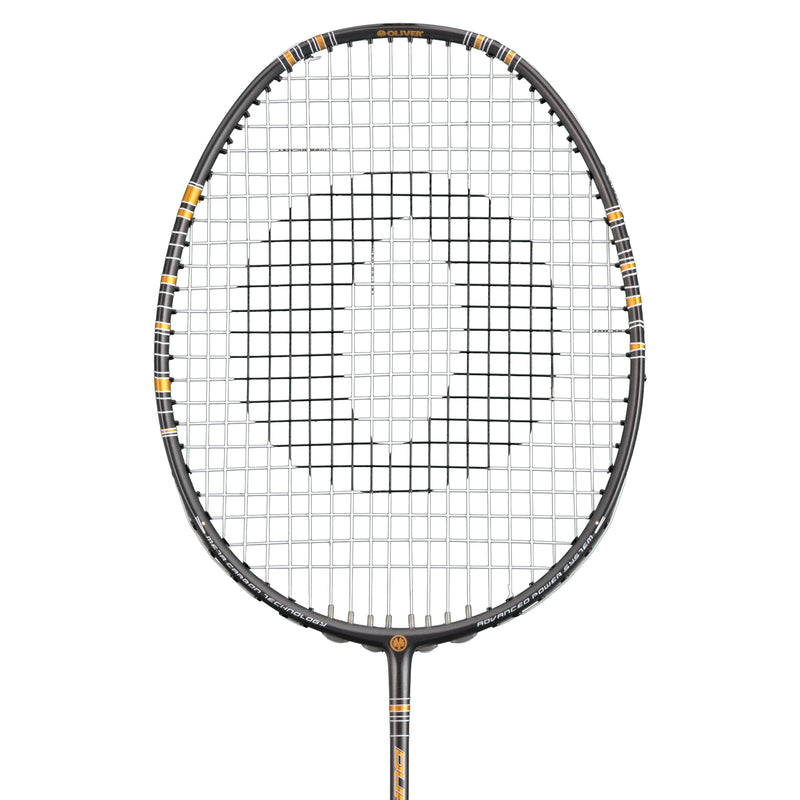 Oliver Badmintonschläger Modell Dual Tec, schwarzer Schläger mit goldenem Design vor einem weißen Hintergrund