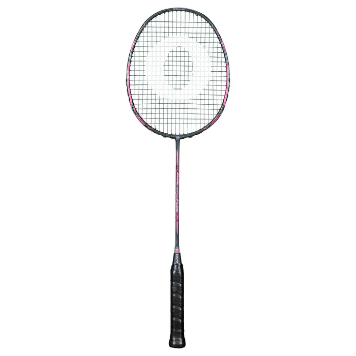 OLIVER Badmintonschläger Modell Dual Tec Flow, pink-schwarzer Badmintonschläger mit schwarzem Griffband vor einem weißen Hintergrund