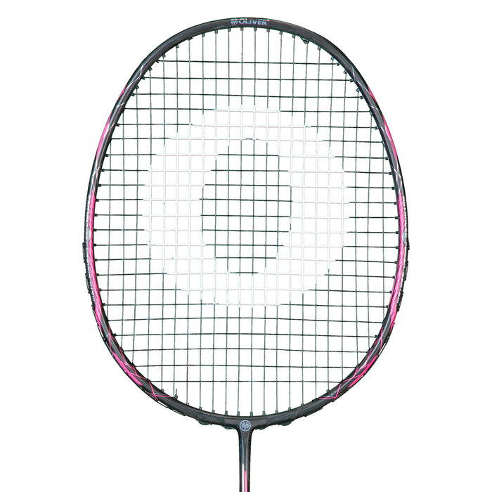 OLIVER Badmintonschläger Modell Dual Tec Flow, pink-schwarzer Badmintonkopf vor einem weißen Hintergrund