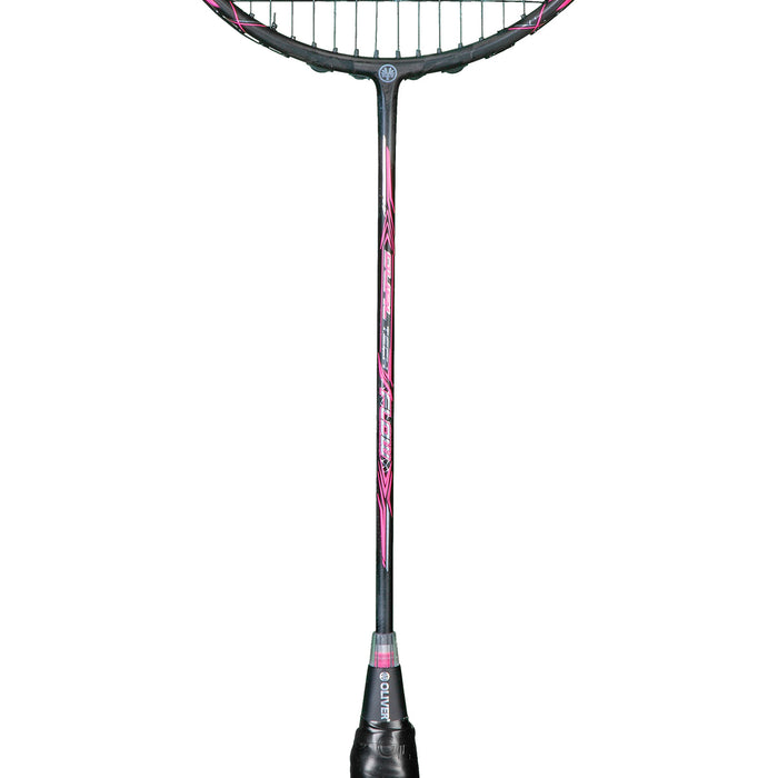 OLIVER Badmintonschläger Modell Dual Tec Flow, schwarz-pinker Badmintonrahmen mit schwarzem Griffband vor einem weißen Hintergrund