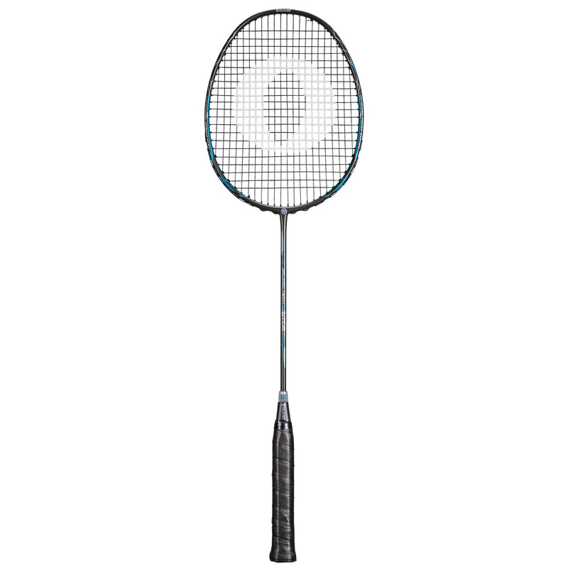 Oliver Badmintonschläger Modell Dual Tec Lite, schwarzer Schläger mit blauem Design und schwarzem Griff vor einem weißen Hintergrund