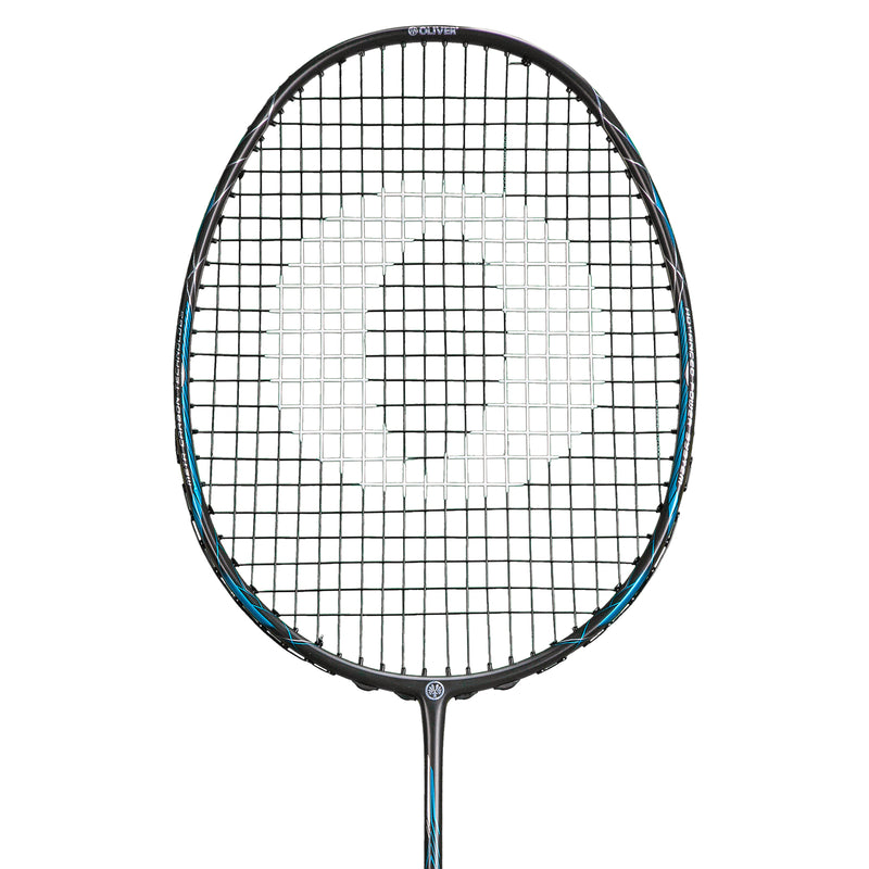 Oliver Badmintonschläger Modell Dual Tec Lite, schwarzer Schläger mit blauem Design vor einem weißen Hintergrund