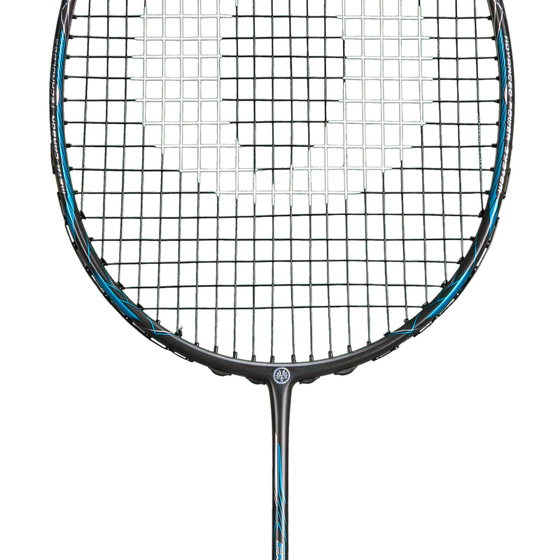 Oliver Badmintonschläger Modell Dual Tec Lite, schwarzer Schläger mit blauem Design vor einem weißen Hintergrund