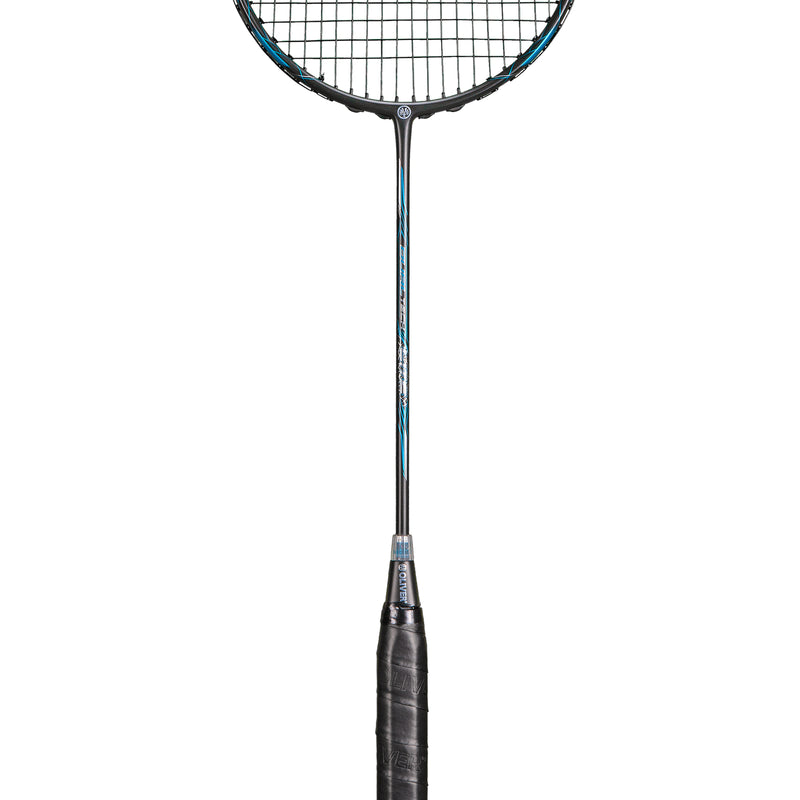 Oliver Badmintonschläger Modell Dual Tec Lite, schwarzer Schläger mit blauem Design und schwarzem Griff vor einem weißen Hintergrund