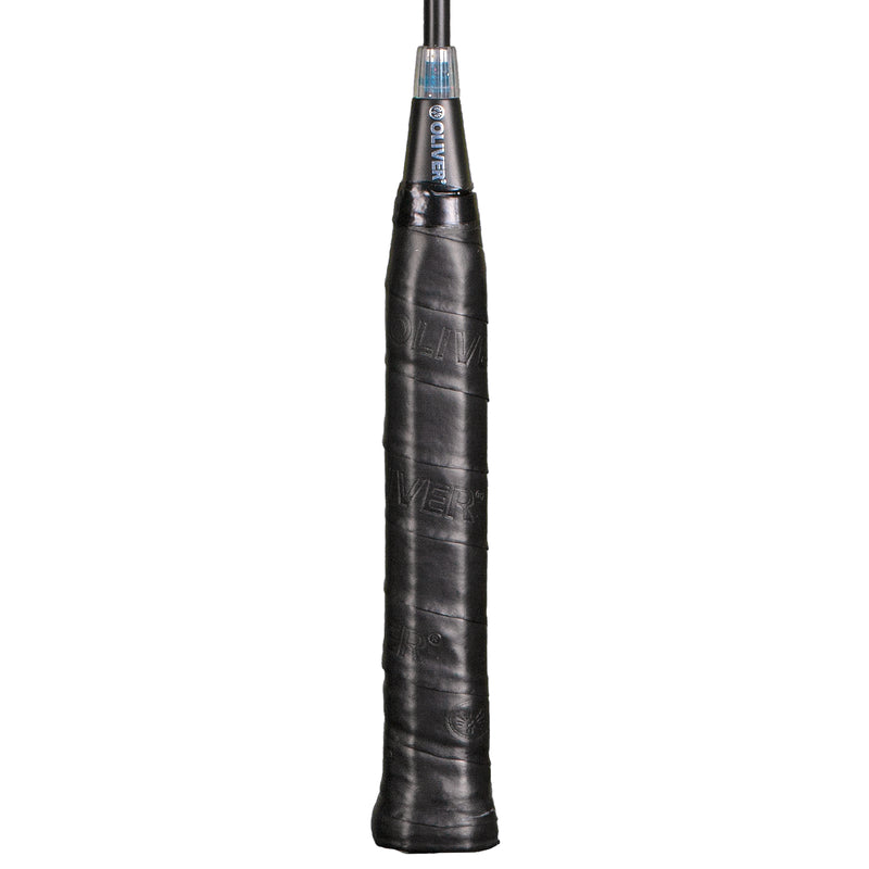 Oliver Badmintonschläger Modell Dual Tec Lite, schwarzer Griff vor einem weißen Hintergrund
