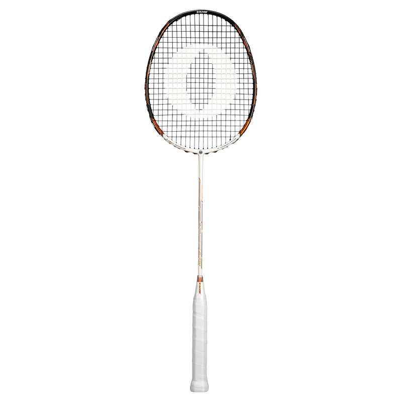 Oliver Badmintonschläger Modell Energetic K7, weiß-schwarzer Schläger mit bronzefarbenem Design und weißem Griff vor einem weißen Hintergrund