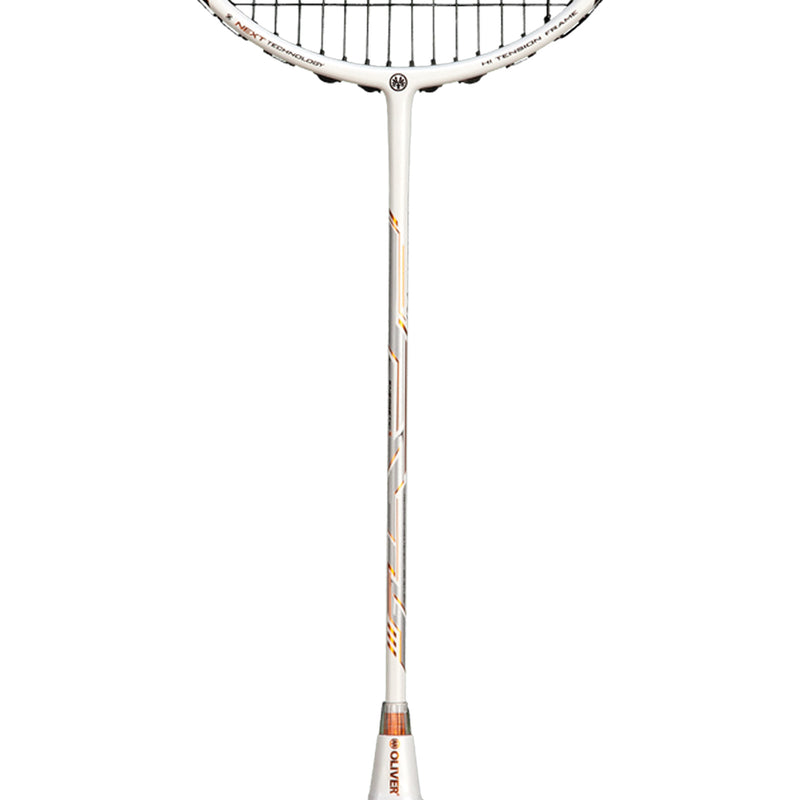 Oliver Badmintonschläger Modell Energetic K7, weiß-schwarzer Schläger Schaft mit bronzefarbenem Design und weißem Griff vor einem weißen  Hintergrund