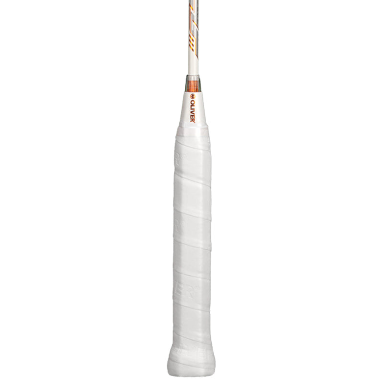 Oliver Badmintonschläger Modell Energetic K7, weiß-schwarzer Schläger Schaft mit bronzefarbenem Design und weißem Griff vor einem weißen Hintergrund