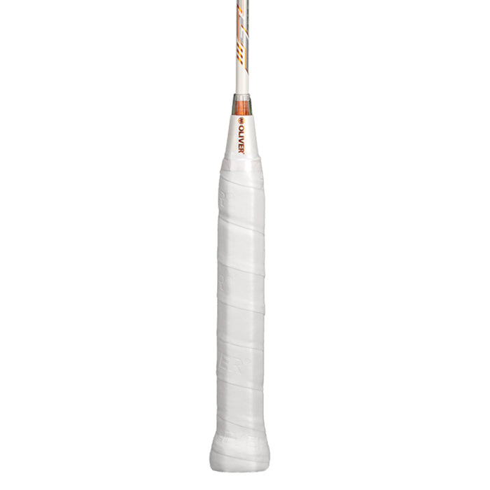 Oliver Badmintonschläger Modell Energetic K7, weiß-schwarzer Schläger Schaft mit bronzefarbenem Design und weißem Griff vor einem weißen Hintergrund