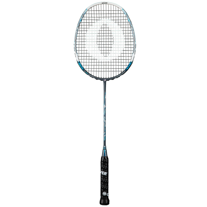 Oliver Badmintonschläger Modell Energetic K9, blau-grau-weißer Schläger mit schwarzem Griff vor einem weißen Hintergrund