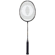 OLIVER Badmintonschläger Modell Entrex 80, silber-goldfarbener Badmintonschläger mit schwarzem Griffband vor einem weißen Hintergrund
