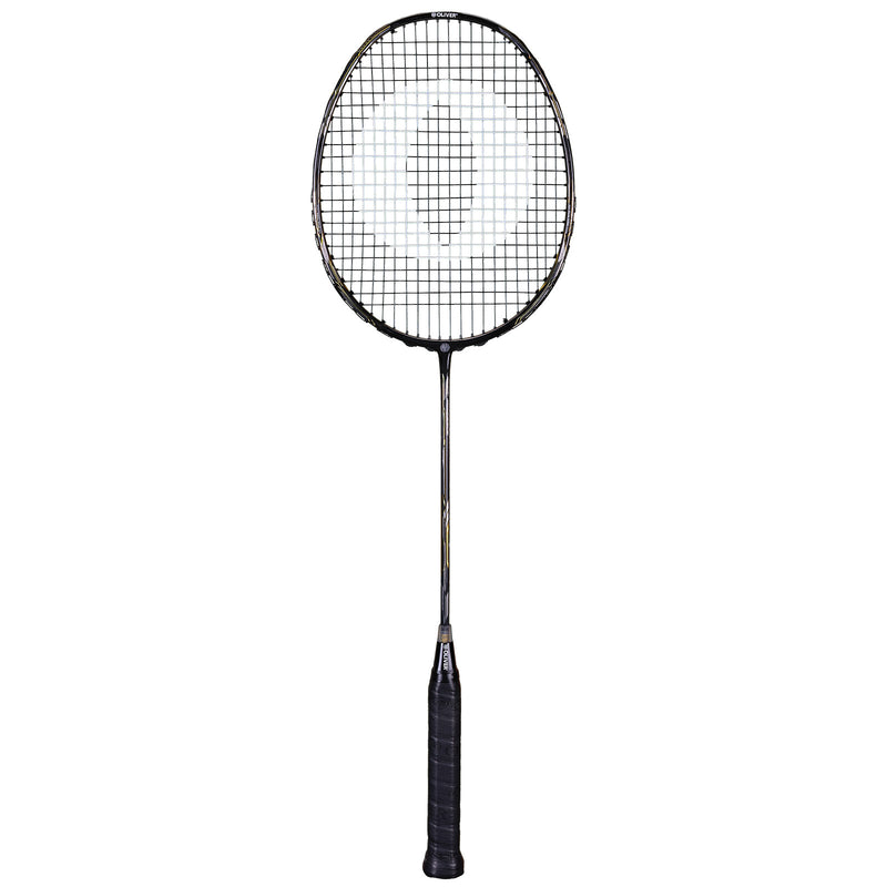 OLIVER Badmintonschläger Modell Entrex 80, silber-goldfarbener Badmintonschläger mit schwarzem Griffband vor einem weißen Hintergrund