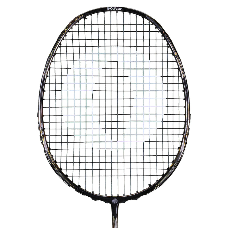 OLIVER Badmintonschläger Modell Entrex 80, silber-goldfarbener Badmintonkopf auf weißem Hintergrund