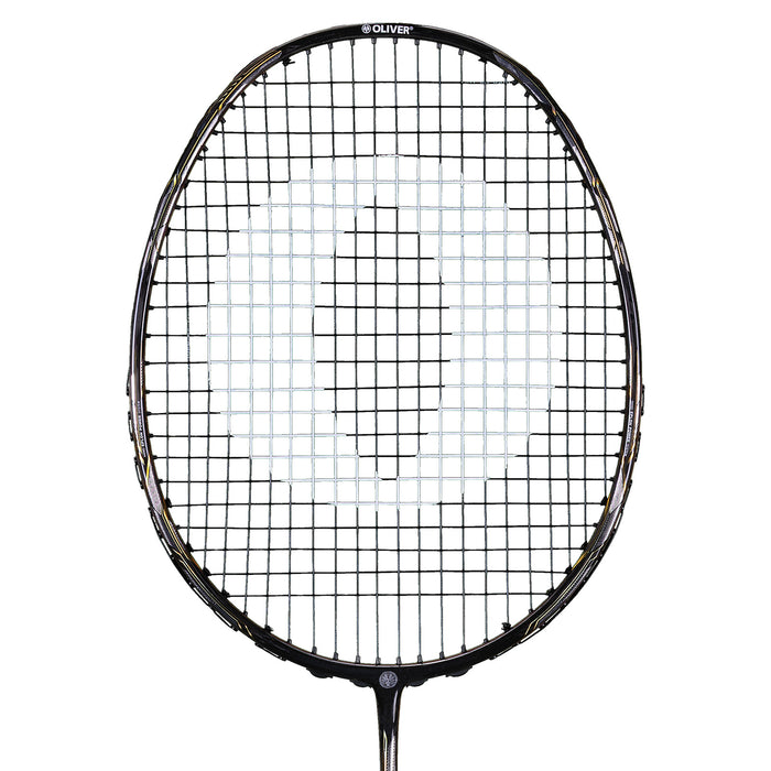 OLIVER Badmintonschläger Modell Entrex 80, silber-goldfarbener Badmintonkopf auf weißem Hintergrund