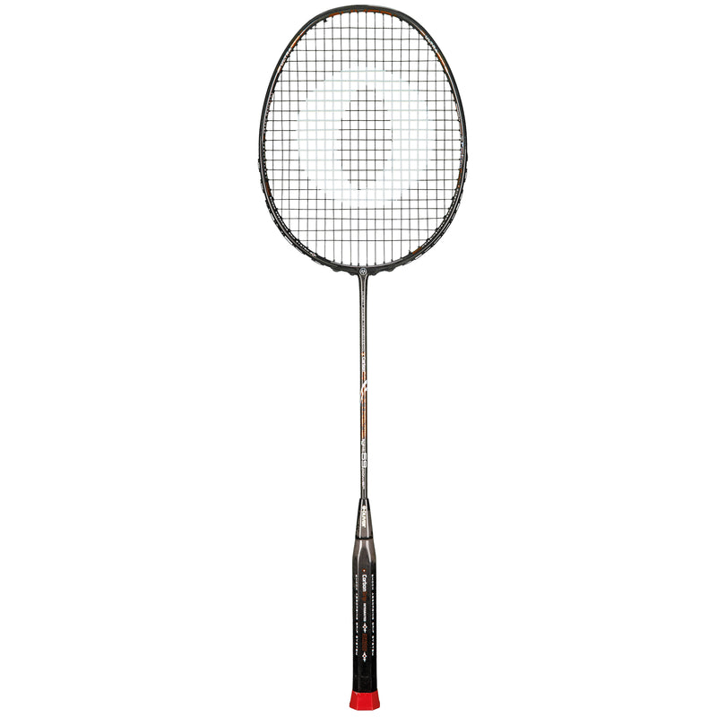 Oliver Badmintonschläger Modell Extreme 69 power, grauer Schläger mit braunem Design und dunkelgrauem Griff vor einem weißen Hintergrund