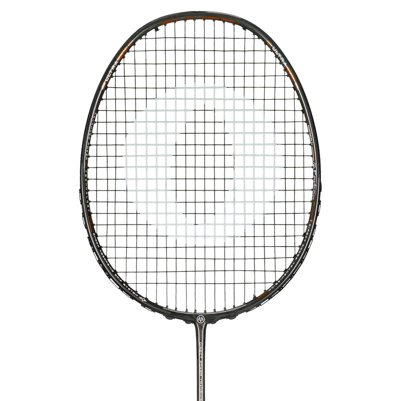 Oliver Badmintonschläger Modell Extreme 69 power, grauer Schläger mit braunem Design vor einem weißen Hintergrund