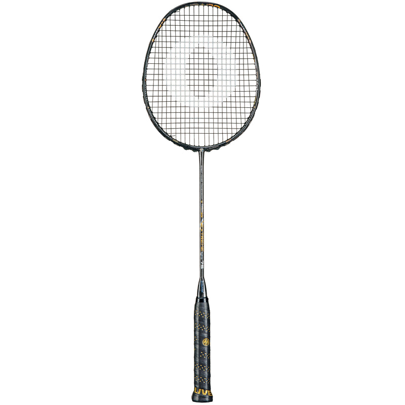 Oliver Badmintonschläger Modell Extreme 75, schwarzer Schläger mit schwarzem Griff vor einem weißen Hintergrund