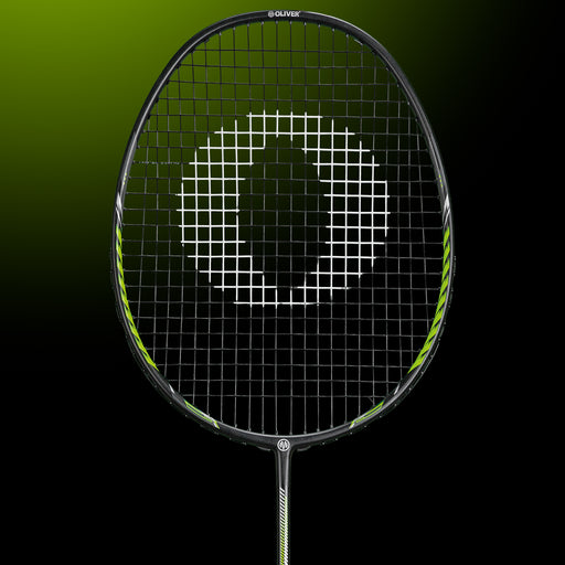 Oliver Badmintonschläger Modell Fetter Smash 6, schwarzer Schläger mit grünem Design vor einem dunklen grünen Hintergrund