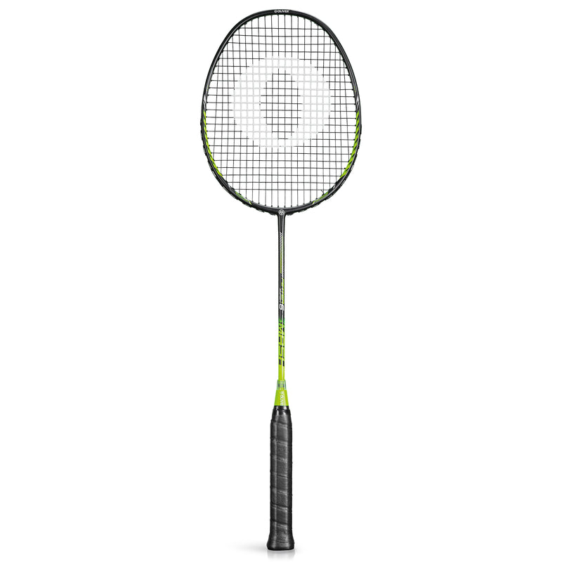 Oliver Badmintonschläger Modell Fetter Smash 6, schwarzer Schläger mit grünem Design und schwarzem Griff vor einem weißen Hintergrund