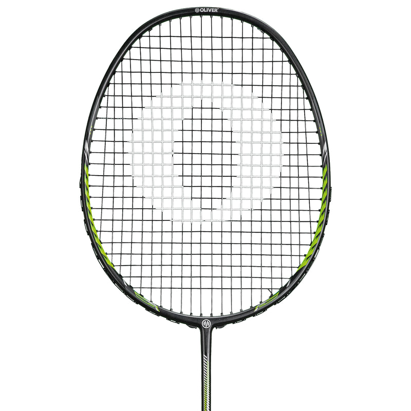 Oliver Badmintonschläger Modell Fetter Smash 6, schwarzer Schläger mit grünem Design vor einem weißen Hintergrund