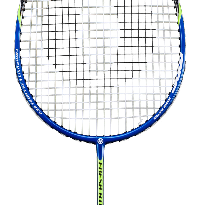 Oliver Badmintonschläger Modell Fresh 8.0, blau-gelber Schläger vor einem weißen Hintergrund