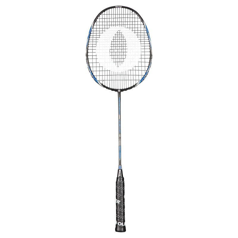 Oliver Badmintonschläger Modell Microtec 12, blau-schwarzer Schläger mit schwarzem Griff vor einem weißen Hintergrund