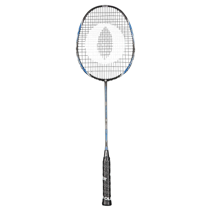 Oliver Badmintonschläger Modell Microtec 12, blau-schwarzer Schläger mit schwarzem Griff vor einem weißen Hintergrund