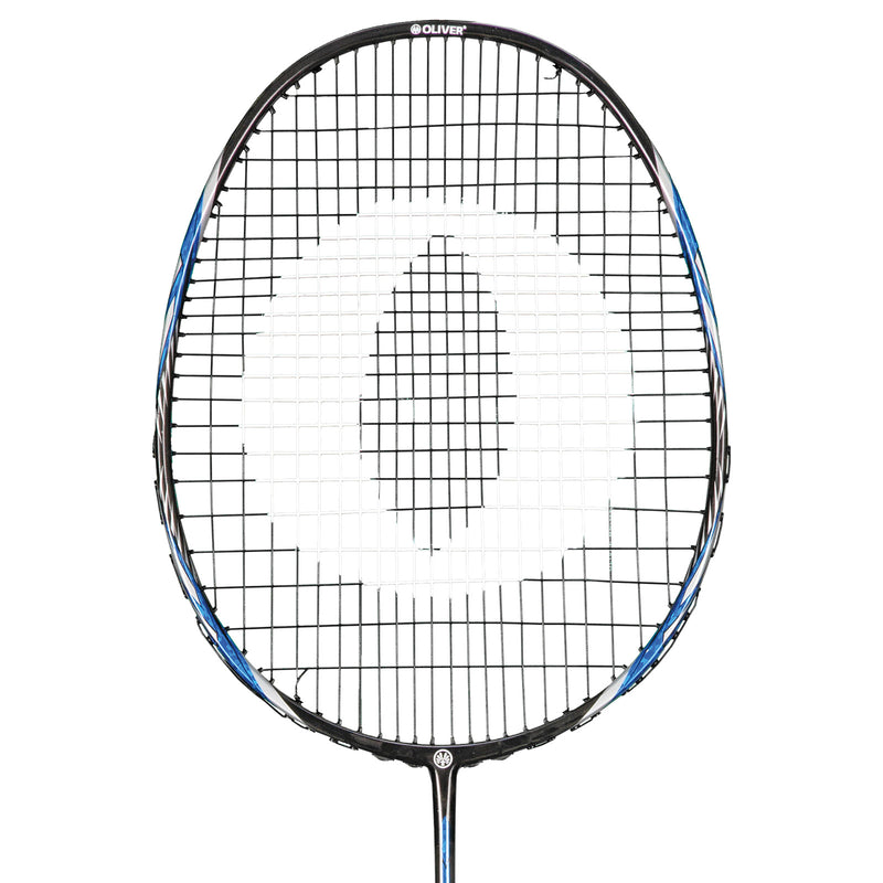 Oliver Badmintonschläger Modell Microtec 12, blau-schwarzer Schlägerkopf vor einem weißen Hintergrund