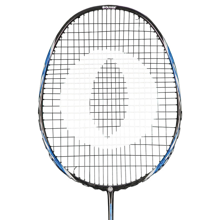 Oliver Badmintonschläger Modell Microtec 12, blau-schwarzer Schlägerkopf vor einem weißen Hintergrund