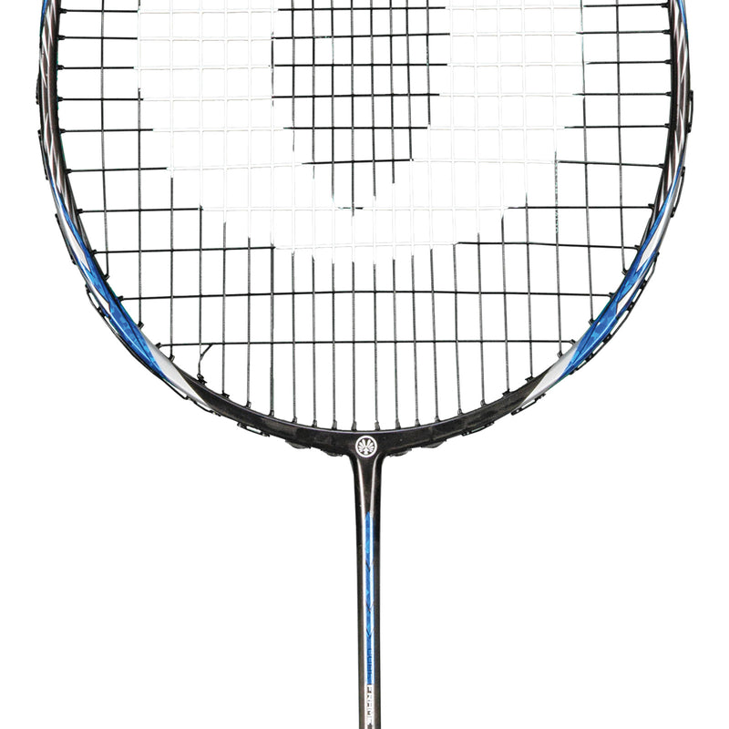 Oliver Badmintonschläger Modell Microtec 12, blau-schwarzer Schlägerkopf Ausschnitt vor einem weißen Hintergrund