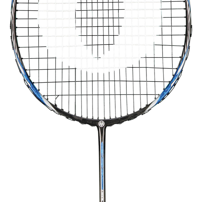 Oliver Badmintonschläger Modell Microtec 12, blau-schwarzer Schlägerkopf Ausschnitt vor einem weißen Hintergrund