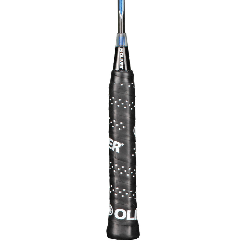 Oliver Badmintonschläger Modell Microtec 12, blau-schwarzer Schaft mit schwarzem Griff vor einem weißen Hintergrund